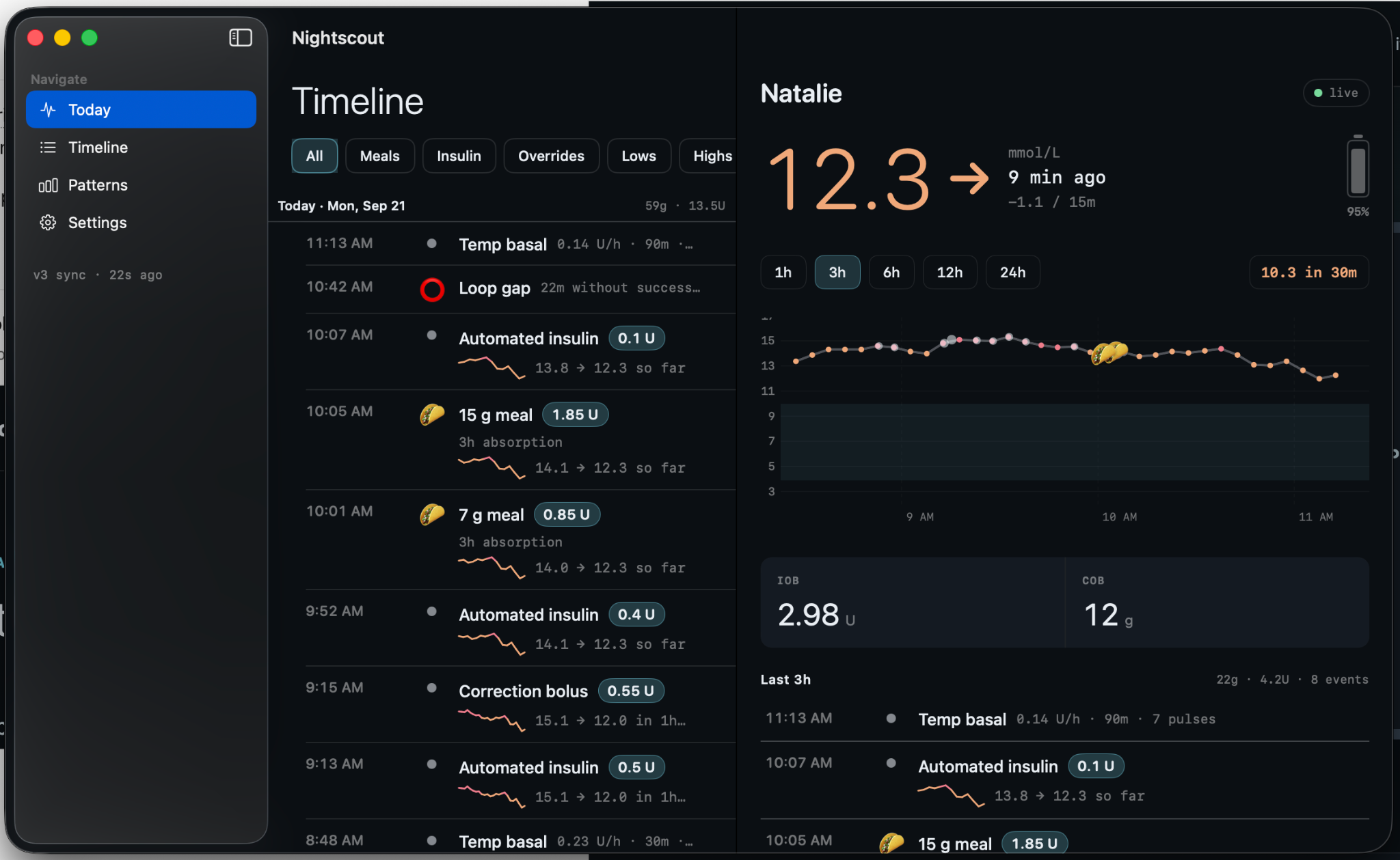 Nightscout Follow Mac window with timeline and glucose graph